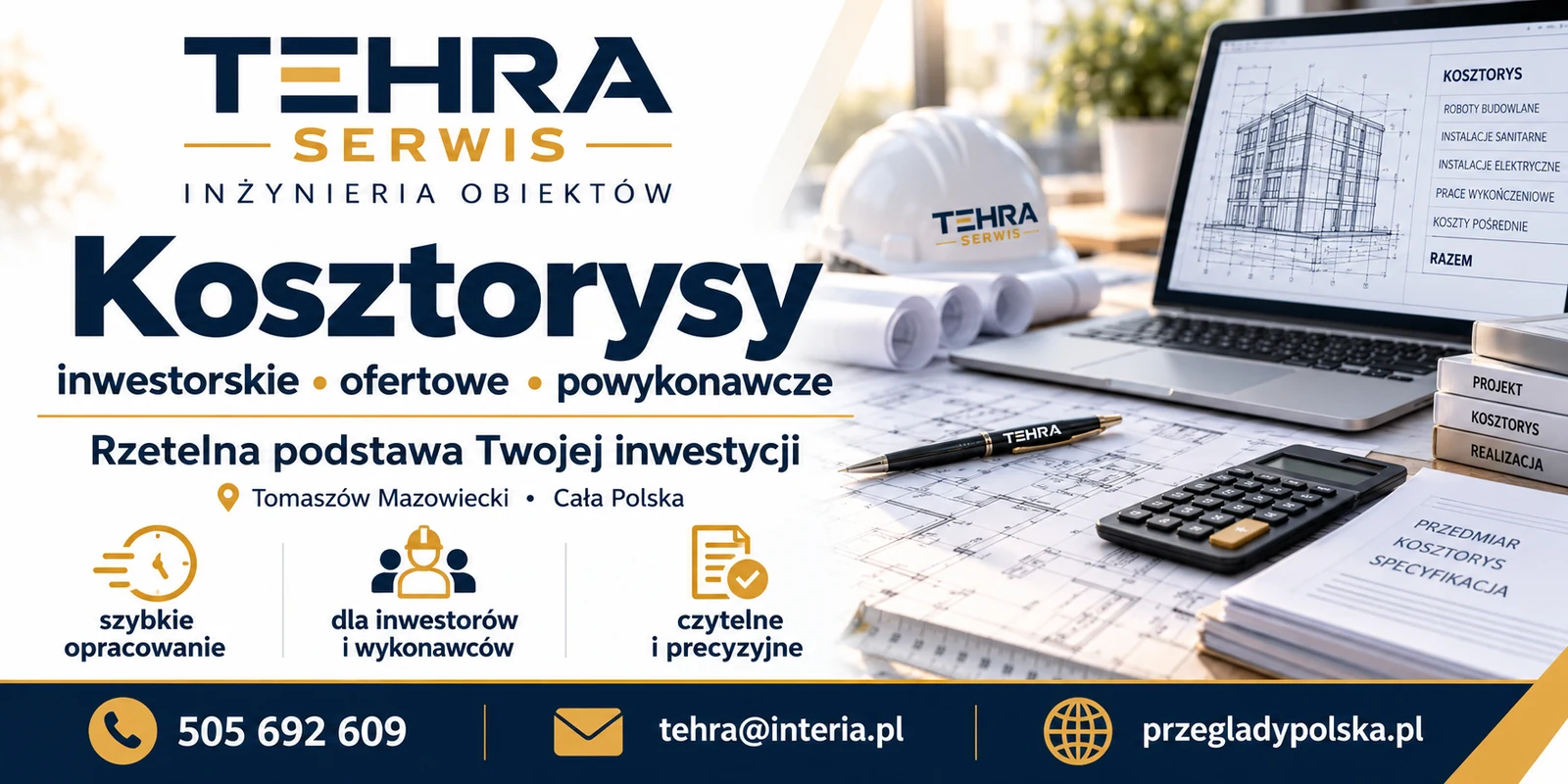Kosztorysy i ekspertyzy — Opracowania zdalne dla klientów z całej Polski. TEHRA Serwis, tel. 505 692 609.