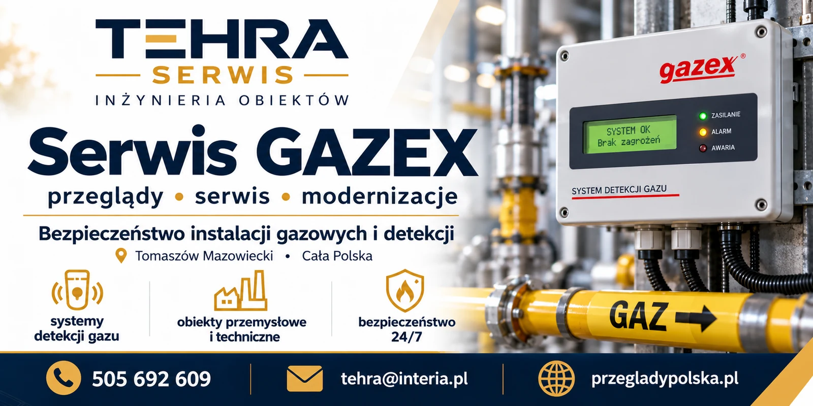 Systemy detekcji gazu GAZEX — Przeglądy, serwis i modernizacje detekcji gazu. TEHRA Serwis, tel. 505 692 609.
