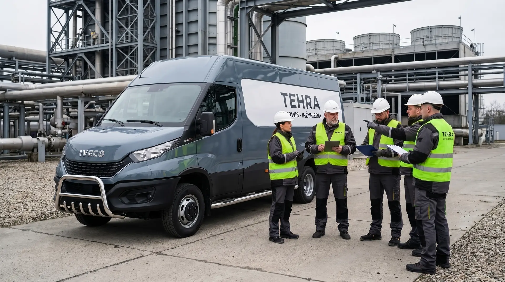 Oznakowany samochód TEHRA i zespół podczas pracy technicznej